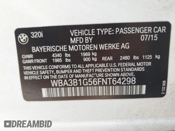 2015 BMW 3 Series 320i with VIN WBA3B1G56FNT64298, listed as a IAAI auction lot 41695116 with 125,926 mi miles. Bid and sale history available at carsss.com. Image 9.