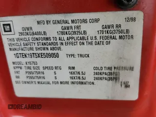1999 GMC New Sierra 1500 SLE with VIN 1GTEK19T5XE509050, listed as a Copart auction lot 51278915 with 0 mi miles and Salvage Title. Bid and sale history available at carsss.com. Image 12.