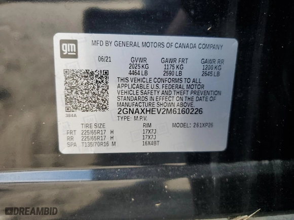 2021 Chevrolet Equinox LS with VIN 2GNAXHEV2M6160226, listed as a Copart auction lot 47630795 with 0 mi miles and Salvage Title. Bid and sale history available at carsss.com. Image 13.