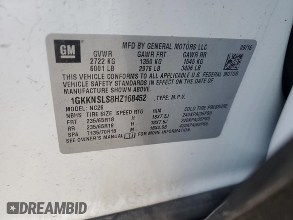 2017 GMC Acadia SLE with VIN 1GKKNSLS8HZ168452, listed as a Copart auction lot 49118035 with 65,258 mi miles and Clean Title. Bid and sale history available at carsss.com. Image 15.