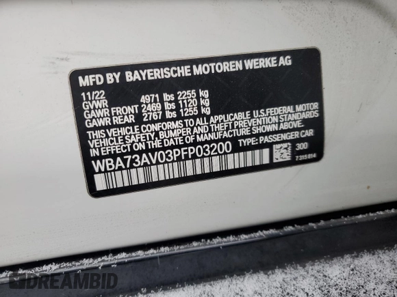 2023 BMW 4 Series 430i xDrive with VIN WBA73AV03PFP03200, listed as a Copart auction lot 87922935 with 44,003 mi miles and Salvage title. Bid and sale history available at DreamBid. Image 13.