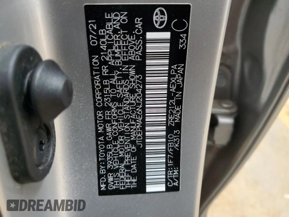 2022 Toyota Corolla LE with VIN JTDEPMAE6NJ204273, listed as a Copart auction lot 46590455 with 70,088 mi miles and Salvage Title. Bid and sale history available at DreamBid. Image 12.