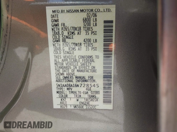 2006 Nissan Armada LE with VIN 5N1AA08A16N728545, listed as a IAAI auction lot 42346207 with 234,261 mi miles and . Bid and sale history available at DreamBid. Image 9.