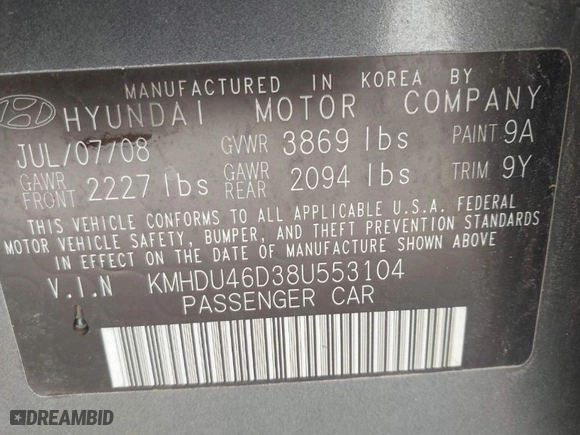 2008 Hyundai Elantra GLS with VIN KMHDU46D38U553104, listed as a IAAI auction lot 41876657 with 183,055 mi miles. Bid and sale history available at carsss.com. Image 9.