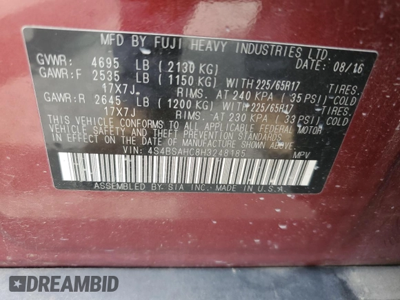 2017 Subaru Outback Premium with VIN 4S4BSAHC8H3248185, listed as a Copart auction lot 59697505 with 115,046 mi miles and Salvage title. Bid and sale history available at DreamBid. Image 13.
