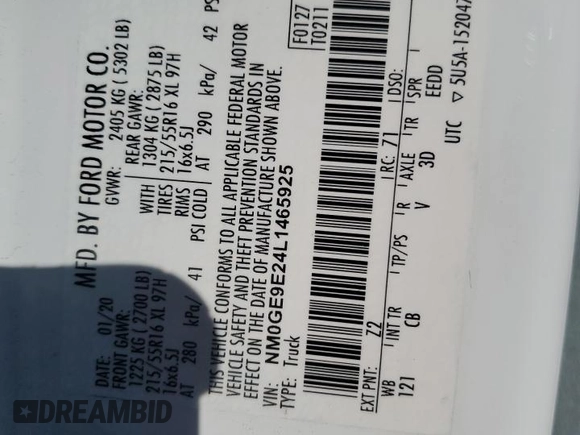 2020 Ford Transit Connect XL с VIN NM0GE9E24L1465925, выставлен на аукционе Copart как лот 46298515 с пробегом 65 403 миль миль и Списание • Salvage title. История ставок и продаж доступна на DreamBid. Изображение 13.