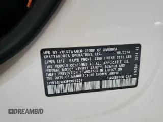 2015 Volkswagen Passat SE with VIN 1VWBS7A33FC026231, listed as a Copart auction lot 52021205 with 180,507 mi miles and Salvage title. Bid and sale history available at DreamBid. Image 12.