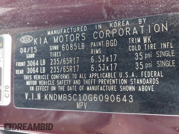2016 Kia Sedona LX with VIN KNDMB5C10G6090643, listed as a IAAI auction lot 41911980 with 155,319 mi miles. Bid and sale history available at carsss.com. Image 9.