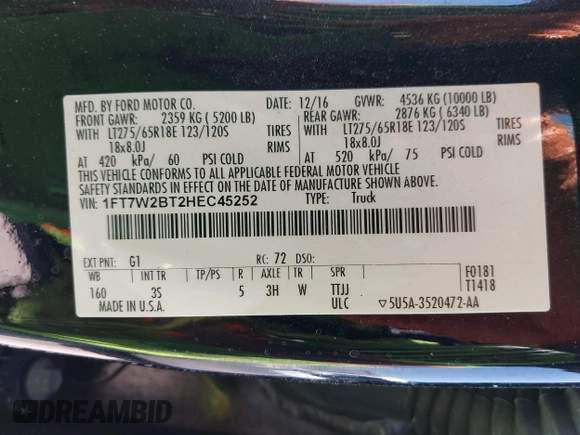 2017 Ford F-250 Lariat с VIN 1FT7W2BT2HEC45252, выставлен на аукционе IAAI как лот 42542246 с пробегом Не указан миль и . История ставок и продаж доступна на DreamBid. Изображение 9.