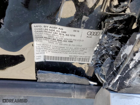 2019 Audi Q5 Premium Plus with VIN WA1BNAFY5K2130158, listed as a Copart auction lot 45876595 with 28,671 mi miles and Salvage Title. Bid and sale history available at carsss.com. Image 15.