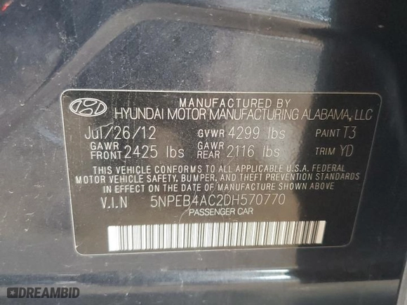 2013 Hyundai Sonata GLS with VIN 5NPEB4AC2DH570770, listed as a Copart auction lot 52403985 with 145,380 mi miles and Salvage Title. Bid and sale history available at carsss.com. Image 12.