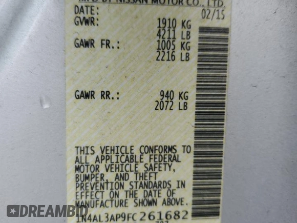 2015 Nissan Altima 2.5 z VIN 1N4AL3AP9FC261682, wystawiony jako Copart lot #58394395 z przebiegiem 106 953 mil mil oraz Szkoda całkowita • Salvage title. Historia ofert i sprzedaży dostępna na DreamBid. Obrazek 13.