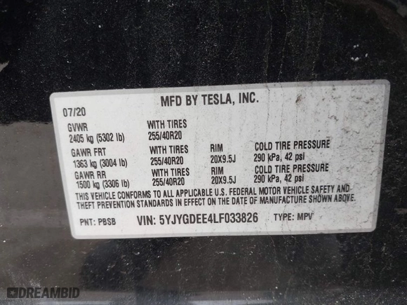 2020 Tesla Model Y Long Range with VIN 5YJYGDEE4LF033826, listed as a IAAI auction lot 41734119 with 131,507 mi miles. Bid and sale history available at carsss.com. Image 9.