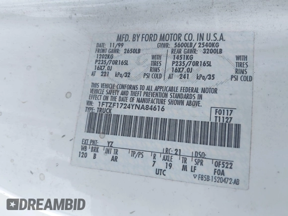 2000 Ford F-150 XL with VIN 1FTZF1724YNA84616, listed as a IAAI auction lot 41999334 with Not provided miles and . Bid and sale history available at DreamBid. Image 9.