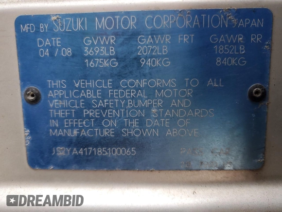 2008 Suzuki SX4 Regional Edition Touring with VIN JS2YA417185100065, listed as a Copart auction lot 48117885 with 153,683 mi miles and Salvage Title. Bid and sale history available at carsss.com. Image 15.