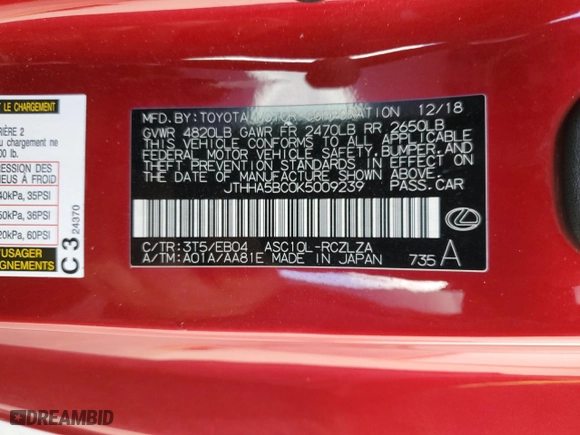 2019 Lexus RC with VIN JTHHA5BC0K5009239, listed as a Copart auction lot 81982064 with 78,919 mi miles and Salvage Title. Bid and sale history available at carsss.com. Image 12.