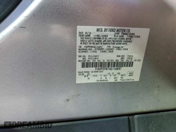 2010 Ford Taurus Limited with VIN 1FAHP2FW7AG156847, listed as a Copart auction lot 46404775 with 183,844 mi miles and Salvage Title. Bid and sale history available at carsss.com. Image 12.