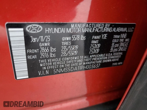 2023 Hyundai Santa Fe Hybrid Limited with VIN 5NMS5DA11PH003637, listed as a Copart auction lot 86084444 with 20,056 mi miles and Salvage Title. Bid and sale history available at carsss.com. Image 14.