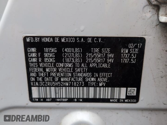 2017 Honda HR-V EX with VIN 3CZRU5H52HM718273, listed as a Copart auction lot 50614125 with 83,355 mi miles and Salvage Title. Bid and sale history available at carsss.com. Image 13.