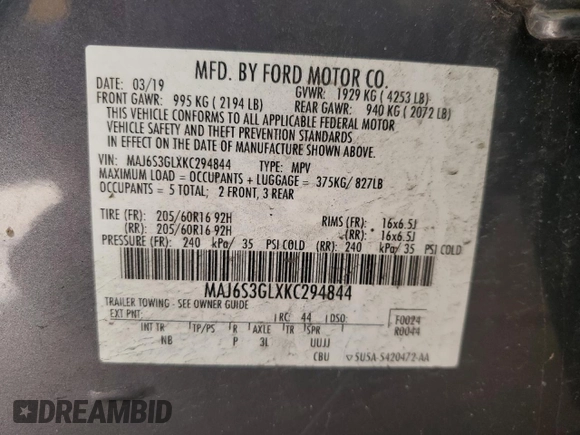 2019 Ford EcoSport SE with VIN MAJ6S3GLXKC294844, listed as a Copart auction lot 50690425 with 68,286 mi miles and Salvage Title. Bid and sale history available at carsss.com. Image 13.