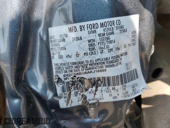 2010 Mercury Mariner с VIN 4M2CN8BG8AKJ18899, выставлен на аукционе Copart как лот 64751414 с пробегом Не указан миль и Чистый • Clean title. История ставок и продаж доступна на DreamBid. Изображение 14.
