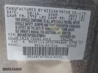 2016 Nissan Sentra SR with VIN 3N1AB7AP3GL676641, listed as a IAAI auction lot 41744797 with 108,855 mi miles. Bid and sale history available at carsss.com. Image 9.