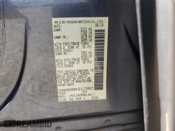2014 Nissan Titan SV with VIN 1N6BA0ED0EN517002, listed as a Copart auction lot 57885435 with 139,910 mi miles and Salvage title. Bid and sale history available at DreamBid. Image 12.