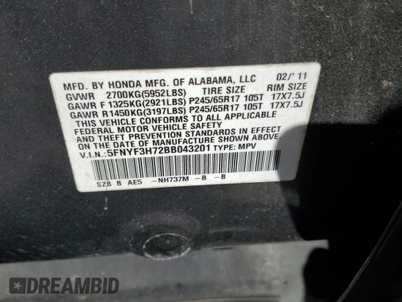 2011 Honda Pilot EX-L with VIN 5FNYF3H72BB043201, listed as a Copart auction lot 75036474 with 193,734 mi miles and Salvage Title. Bid and sale history available at DreamBid. Image 13.