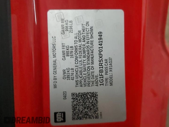 2023 Chevrolet Camaro 1LT z VIN 1G1FB1RSXP0141949, wystawiony jako Copart lot #54538755 z przebiegiem 46 522 mil mil oraz Szkoda całkowita • Salvage title. Historia ofert i sprzedaży dostępna na DreamBid. Obrazek 12.