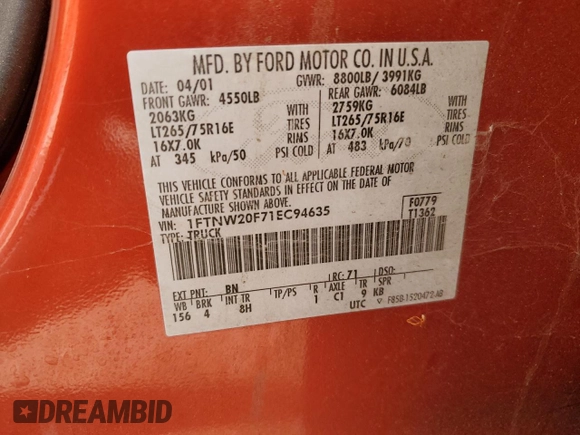 2001 Ford Super Duty F-250 XL with VIN 1FTNW20F71EC94635, listed as a Copart auction lot 82051794 with 310,586 mi miles and Salvage Title. Bid and sale history available at carsss.com. Image 12.