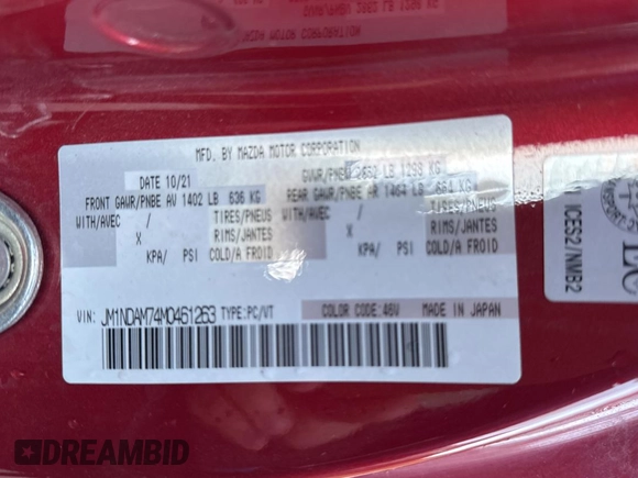 2021 Mazda MX-5 Miata Grand Touring z VIN JM1NDAM74M0461263, wystawiony jako Copart lot #81410634 z przebiegiem 44 551 mil mil oraz Szkoda całkowita • Salvage title. Historia ofert i sprzedaży dostępna na DreamBid. Obrazek 10.