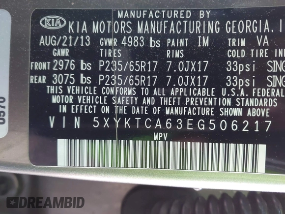 2014 Kia Sorento LX with VIN 5XYKTCA63EG506217, listed as a IAAI auction lot 42050413 with 126,806 mi miles and . Bid and sale history available at carsss.com. Image 9.