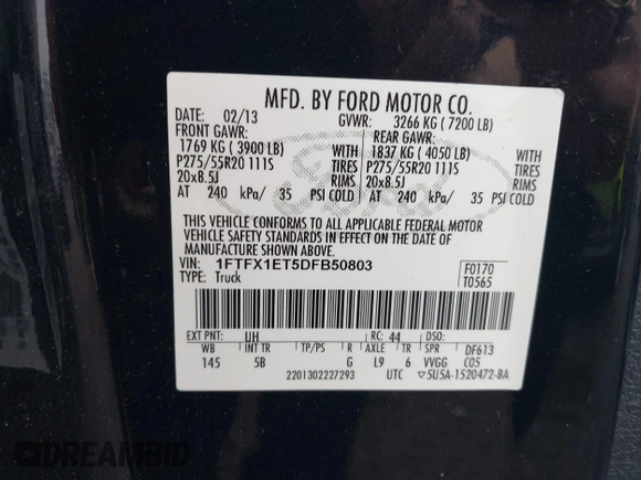 2013 Ford F-150 XL with VIN 1FTFX1ET5DFB50803, listed as a IAAI auction lot 42459716 with 115,257 mi miles and . Bid and sale history available at DreamBid. Image 9.