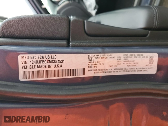 2021 Jeep Grand Cherokee Limited with VIN 1C4RJFBGXMC824531, listed as a Copart auction lot 57774215 with 57,625 mi miles and Salvage title. Bid and sale history available at DreamBid. Image 13.