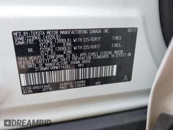 2021 Toyota RAV4 Hybrid XLE with VIN 2T3RWRFV6MW114082, listed as a IAAI auction lot 42038315 with 50,009 mi miles. Bid and sale history available at carsss.com. Image 9.