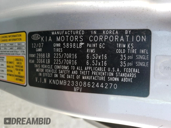 2008 Kia Sedona LX with VIN KNDMB233086244270, listed as a Copart auction lot 75109174 with 328,438 mi miles and Clean Title. Bid and sale history available at carsss.com. Image 13.