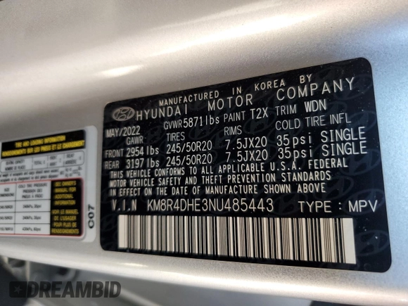 2022 Hyundai Palisade SEL с VIN KM8R4DHE3NU485443, выставлен на аукционе Copart как лот 46922535 с пробегом 54 707 миль миль и Списание • Salvage title. История ставок и продаж доступна на DreamBid. Изображение 13.