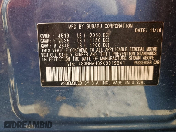 2019 Subaru Legacy Premium with VIN 4S3BNAH62K3019241, listed as a Copart auction lot 70605694 with 161,596 mi miles and Salvage Title. Bid and sale history available at carsss.com. Image 13.