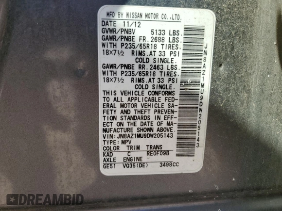 2013 Nissan Murano S with VIN JN8AZ1MU9DW205143, listed as a Copart auction lot 89395085 with 80,150 mi miles and Salvage Title. Bid and sale history available at carsss.com. Image 13.