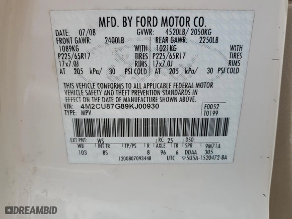 2009 Mercury Mariner Premier with VIN 4M2CU87G89KJ00930, listed as a Copart auction lot 72181704 with 186,289 mi miles and Salvage Title. Bid and sale history available at carsss.com. Image 16.