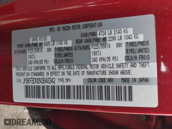 2022 Mazda CX-5 2.5 S Premium Package with VIN JM3KFBDM2N0648342, listed as a IAAI auction lot 41922217 with 31,520 mi miles. Bid and sale history available at carsss.com. Image 9.