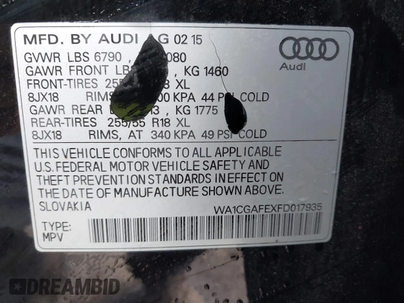 2015 Audi Q7 Premium with VIN WA1CGAFEXFD017935, listed as a IAAI auction lot 42549490 with 170,271 mi miles and . Bid and sale history available at DreamBid. Image 9.