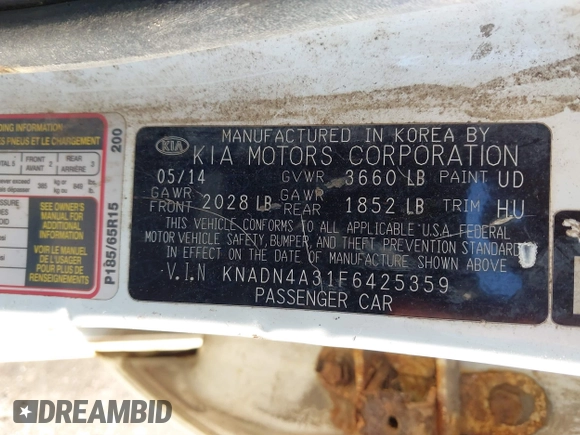 2015 Kia Rio EX with VIN KNADN4A31F6425359, listed as a IAAI auction lot 41345129 with 207,623 mi miles. Bid and sale history available at carsss.com. Image 9.