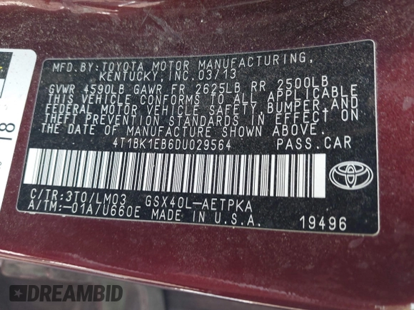 2013 Toyota Avalon XLE z VIN 4T1BK1EB6DU029564, wystawiony jako IAAI lot #42425157 z przebiegiem 228 767 mil mil oraz . Historia ofert i sprzedaży dostępna na DreamBid. Obrazek 9.