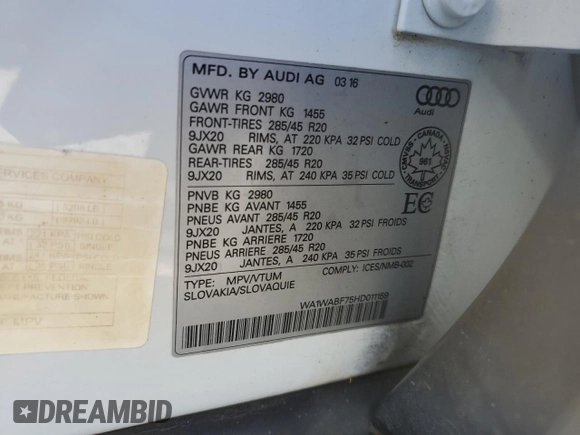 2017 Audi Q7 with VIN WA1WABF75HD011159, listed as a Copart auction lot 53144925 with 110,523 mi miles and Salvage title. Bid and sale history available at DreamBid. Image 15.