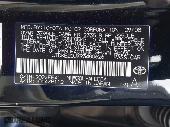 2009 Toyota Prius with VIN JTDKB20UX93480626, listed as a IAAI auction lot 42064577 with 227,868 mi miles. Bid and sale history available at carsss.com. Image 9.