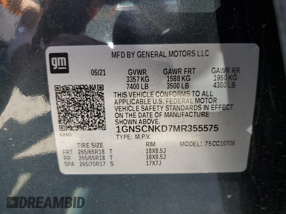 2021 Chevrolet Tahoe LT with VIN 1GNSCNKD7MR355575, listed as a Copart auction lot 53296505 with 91,928 mi miles and Salvage title. Bid and sale history available at DreamBid. Image 13.