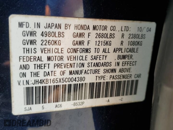 2005 Acura RL z VIN JH4KB165X5C004380, wystawiony jako Copart lot #54139035 z przebiegiem 144 934 mil mil oraz Szkoda całkowita • Salvage title. Historia ofert i sprzedaży dostępna na DreamBid. Obrazek 12.