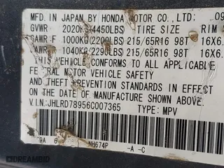 2006 Honda CR-V EX SE with VIN JHLRD78956C007365, listed as a IAAI auction lot 39351699 with 1 mi miles. Bid and sale history available at carsss.com. Image 9.