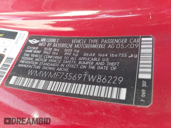 2009 MINI Hardtop S with VIN WMWMF73569TW86229, listed as a IAAI auction lot 42264383 with 63,482 mi miles and . Bid and sale history available at DreamBid. Image 9.